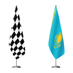 Naklejka premium Checkered and Kazakhstan flags on flagpoles for official ceremonies and meetings, transparent background vector