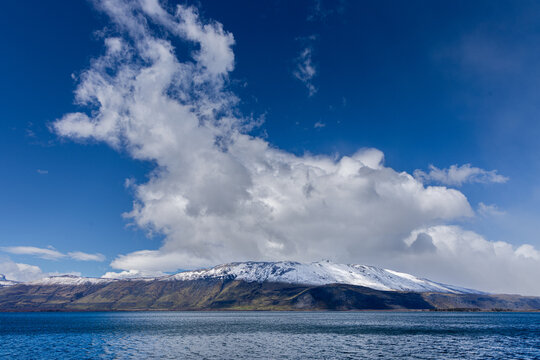 Landscape with mountain range, the lake Lago el Toro and clouds, Torres del Paine National Park, Chile