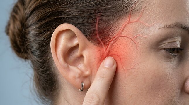 Woman experiencing a throbbing migraine pain indicated by a visible red vein on her temple and a finger pressing the area.