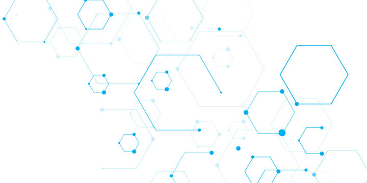 Molecular structure abstract tech background. Geometric blue background. Vector banner design with hexagons. Science network pattern, connecting lines and dots Medical background, Vector illustration.