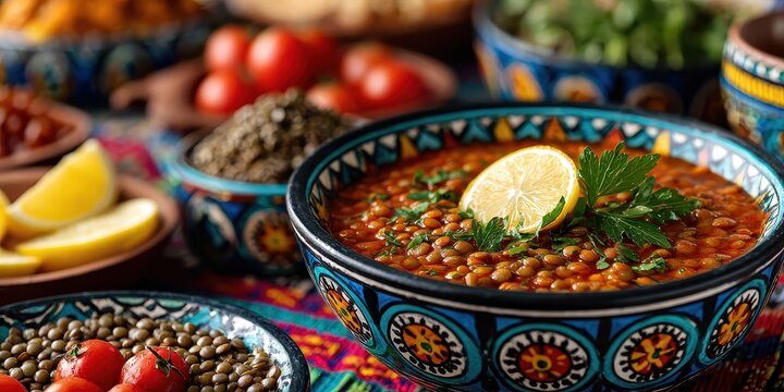 A beautifully styled presentation of lentil soup, garnished with lemon and parsley, offers a warm invitation to savor this healthy and flavorful cuisine