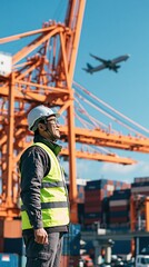Fototapeta premium Port worker in safety vest and hard hat overseeing cargo operations with airplane flying overhead