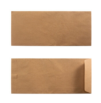 Blank brown kraft paper envelopes front and back view set isolated on white background mockup