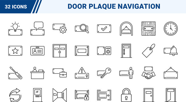 Name Plate Office Door Web Icon Set in Linear Style. Collection of door plaque line icons, including signage, office navigation, room numbering, workplace, directory, entrance.