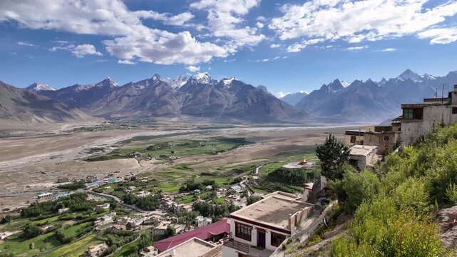 Padum, Ladakh, India : Panoramic footage of the Karsha Gompa, the largest Buddhist monastery near Padum in Zanskar valley of Ladakh, Indian Himalayas with tall peaks in the background. 