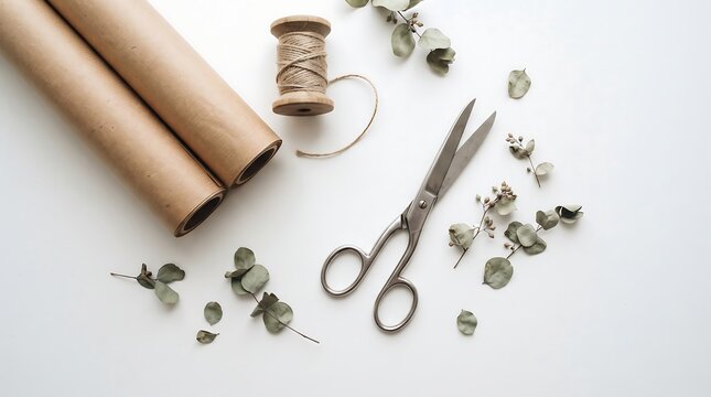 Flat lay of brown craft paper rolls with vintage scissors and rustic twine on white background