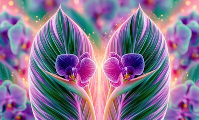 Obraz premium Vibrant Abstract Psychedelic Orchid Bloom with Glowing Tropical Leaves and Bokeh Lights