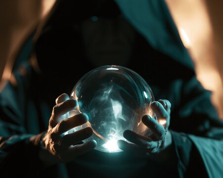 Mysterious figure in dark hooded cloak holding glowing crystal ball revealing mystical visions and future predictions