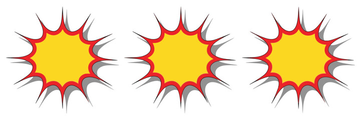 Yellow explosion stars set featuring comic bursts, starbursts, speech bubbles, stickers, and boom symbols for communication, comics, and graphic design © Samima Akter