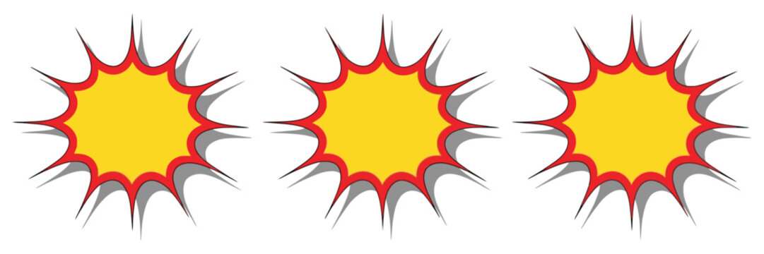 Yellow explosion stars set featuring comic bursts, starbursts, speech bubbles, stickers, and boom symbols for communication, comics, and graphic design