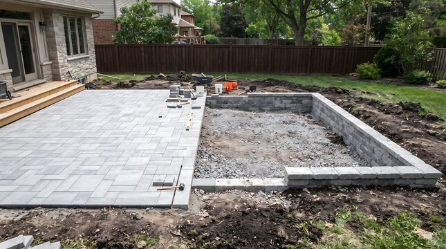 Backyard patio construction project with stone pavers and retaining wall installation in residential garden setting