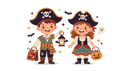 Naklejka premium Children in Pirate Costumes for Halloween Trick-or-Treating