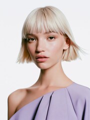 Plakat Close-up portrait of a young woman with short blonde bob haircut and bangs, wearing a stylish lavender top, studio lighting.