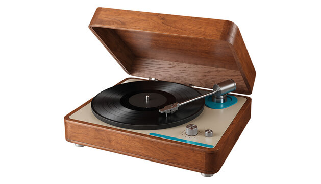 A stylish vintage record player, isolated PNG, transparent background, compact mid-century turntable with warm wooden case, cream control panel and subtle turquoise accents, black vinyl record 