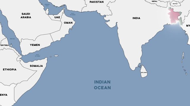 4K animation of a map of South Asia with Bangladesh highlighted in the colors of the Bangladeshi national flag.