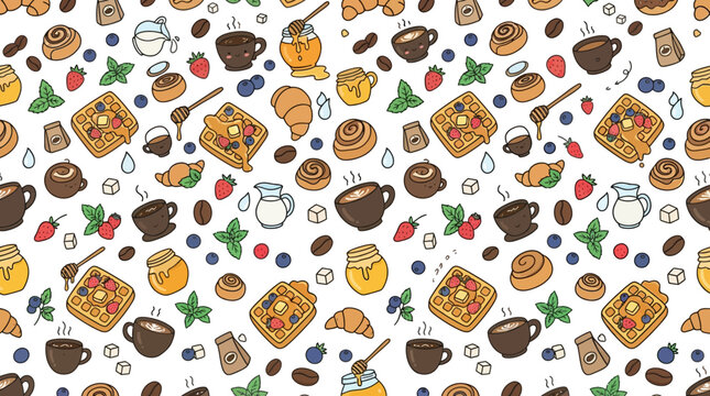 Hand-drawn breakfast seamless pattern with coffee, waffles, honey and pastries on white background