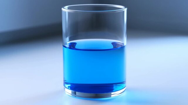 Glass of blue liquid on a light surface, representing half full or half empty perspective concept