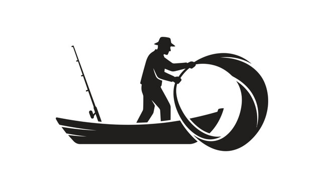 Fisherman silhouette in small boat holding large circular net with fishing rod accessory
