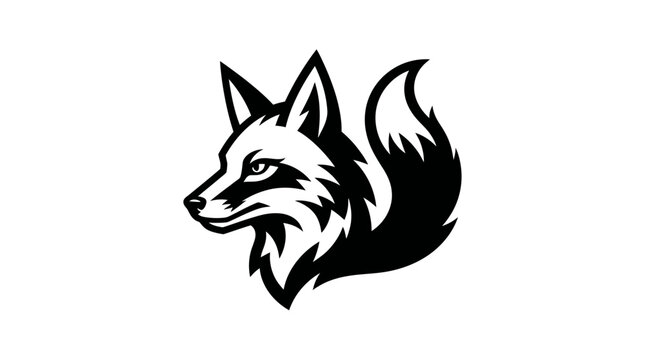Minimalist black and white fox head mascot logo, stylized animal vector illustration isolated.