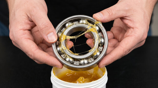 Hands applying yellow grease to a steel ball bearing held above a grease container for lubrication