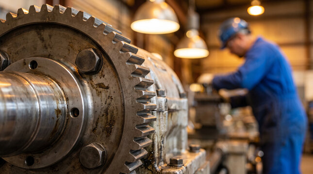 Technician in blue uniform working near large steel gear mechanism in industrial workshop