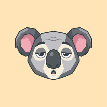 Sleepy koala face, droopy eyes, relaxed ears, tiny yawn, adorable tired expression, solid color vector design, minimal flat geometric shapes, isolated on pure white background