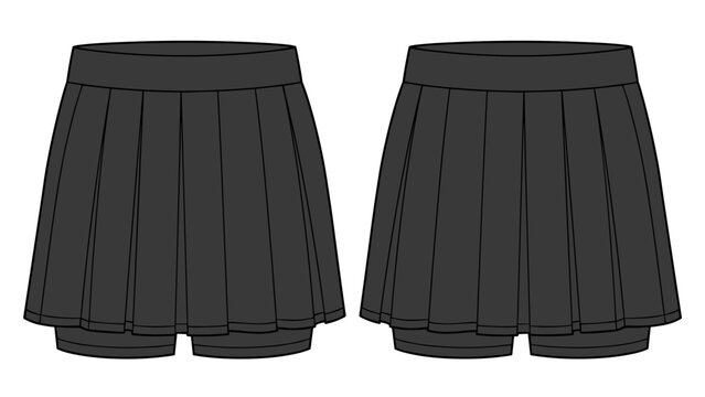 Women Pleated Tennis skort technical fashion flat sketch vector illustration black Color template For Sporty Girls.