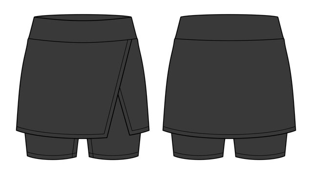 Women asymmetric overlap skort technical fashion flat sketch vector illustration black Color template For Golf.