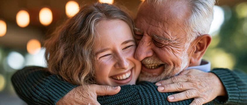 Joyful Grandfather and Granddaughter Share a Warm Embrace Outdoors with Bokeh Lights