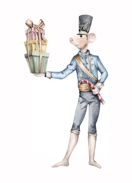 Christmas mouse in a blue nutcracker uniform holds a stack of Christmas gifts and a candy cane. Hand-drawn watercolor illustration on a white background for holiday Christmas cards and invitations.