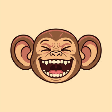 Laughing monkey face, eyes squeezed shut, wide open laughing mouth, playful expression, solid color vector illustration, bold simple shapes, isolated on pure white background.