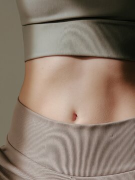 Close-up of a toned, flat abdomen with a navel, wearing athletic wear