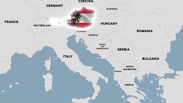 4K animation of a map of Central Europe with Austria highlighted in the colors of the Austrian national flag.
