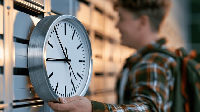 Young student checking time on analog clock, ready for class or appointment, symbolizing punctuality and time management