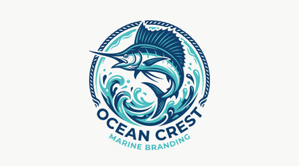 Naklejka premium Ocean Crest marine branding logo featuring a dynamic marlin jumping out of waves inside a circle