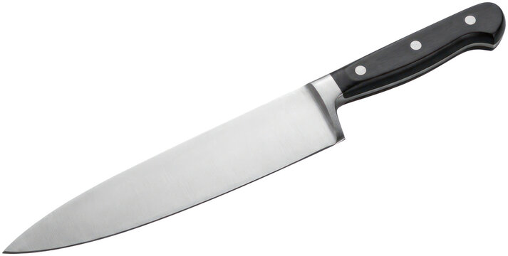Classic stainless steel chef knife with black handle.
