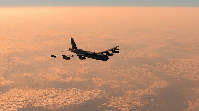 Strategic bomber aircraft flying at sunset over a sea of clouds, military aviation