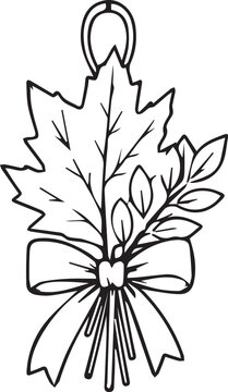 Lush oak leaf and acorn bouquet with ribbon bow line art vector icon. Black and white autumn botanical outline illustration for fall crafts, Thanksgiving, and coloring pages.