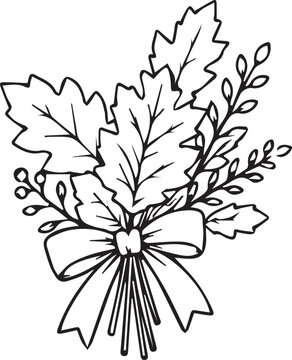Minimalist hanging maple leaf bouquet line art vector illustration. Black and white autumn botanical outline icon for seasonal crafts, fall decor, stickers, and coloring pages.