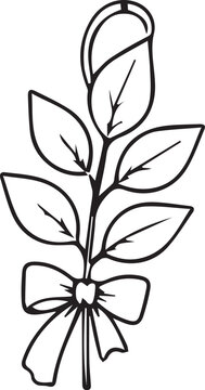 Minimalist hanging leaf twig with ribbon bow line art vector icon. Black and white outline illustration for botanical crafts, fall decor, stationary designs, and coloring pages.