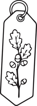 Autumn bookmark tag with oak branch and acorns line art vector illustration. Black and white outline element for book lovers, fall crafting, stickers, and coloring pages.