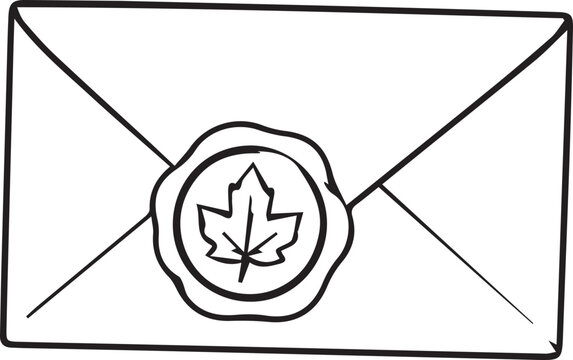 Minimalist black and white line art vector of a closed envelope with leaf stamp. Ideal outline illustration for postcrossing, letter stationery, stickers, and coloring pages.