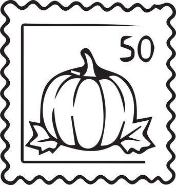 Autumn postage stamp frame with pumpkin line art vector illustration. Black and white outline element for Thanksgiving mail, postcrossing, fall crafts, and coloring pages.