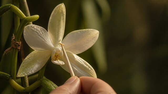 Close up view of a delicate white orchid flower, petals unfurling slowly, natural botanical beauty, perfect for wellness or floral themes