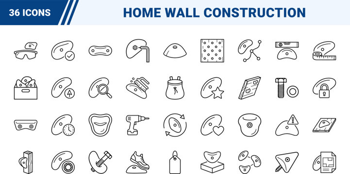 Climbing Holds Home Wall Build Web Icon Set in Linear Style. Collection of Bouldering Construction line icons, including carpentry, installation, hardware, route setting, training, woodworking.