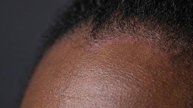 Close Up of Scar Tissue Along Frontal Hairline Following Hairline Lowering Plastic Surgery