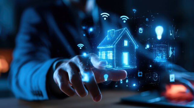 Close up of a corporate executive touching a glowing blue glowing house hologram, surrounded by floating wifi signals, lightbulbs, and smart devices, smart home technology concept