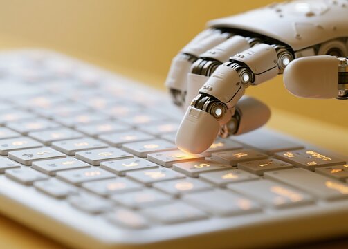 Advanced robotic hand typing on illuminated keyboard, symbolizing AI, automation, and future technology