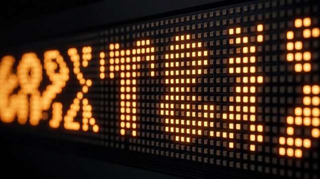 LED ticker display, amber dots scrolling continuously from right to left forming abstract non-readable symbol shapes, individual LED pixels clearly visible with bloom