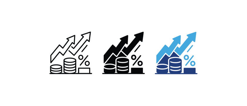 Financial growth and coin stack percentage increase icon vector set
